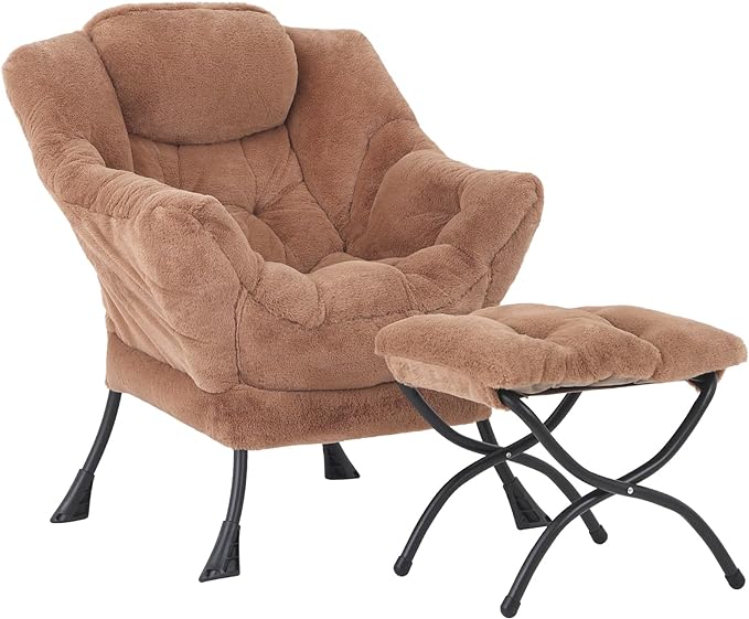 Lazy Chair with Ottoman, Modern Accent Chair Contemporary Lounge Leisure Upholstered Sofa Chair Set with Armrests, Reading Chair for Living Room, Bedroom, Office, Plush Brown - LeafyLoom