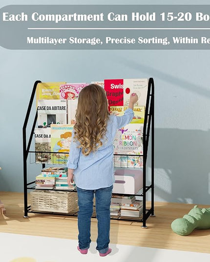 Kids Bookshelf Freestanding for Children Room 32 Inches Large Black Metal Bookcase Large Capacity Books Toys Organizer Stable 5 Tiers Kids Book Rack for Playroom Bookstore Library - LeafyLoom