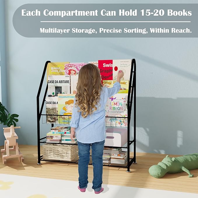 Kids Bookshelf Freestanding for Children Room 32 Inches Large Black Metal Bookcase Large Capacity Books Toys Organizer Stable 5 Tiers Kids Book Rack for Playroom Bookstore Library - LeafyLoom