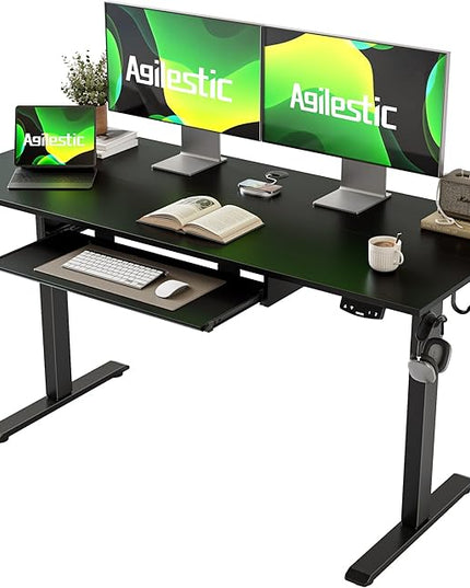 Height Adjustable Desk with Keyboard Tray, 55 x 24 Inches Electric Standing Desk, Stand up Computer Table with Memory Preset, Gaming Modern Lift Motorized Gaming Workstation, Black - LeafyLoom