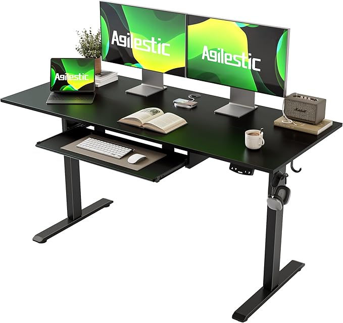 Height Adjustable Desk with Keyboard Tray, 55 x 24 Inches Electric Standing Desk, Stand up Computer Table with Memory Preset, Gaming Modern Lift Motorized Gaming Workstation, Black - LeafyLoom