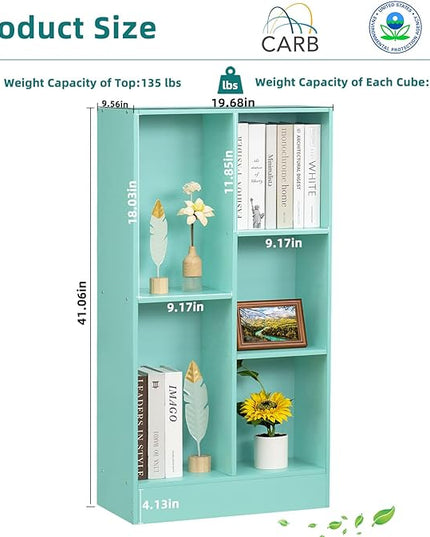 LEYAOYAO 5 Cube Bookshelf with Base,3 Tier Modern Mint-Green Kids Bookcase,Standing Wide Bookshelves Storage Organizer Toy Shelf,Wood Display Children's Book Shelves for Bedroom,Living Room,Nursery - LeafyLoom