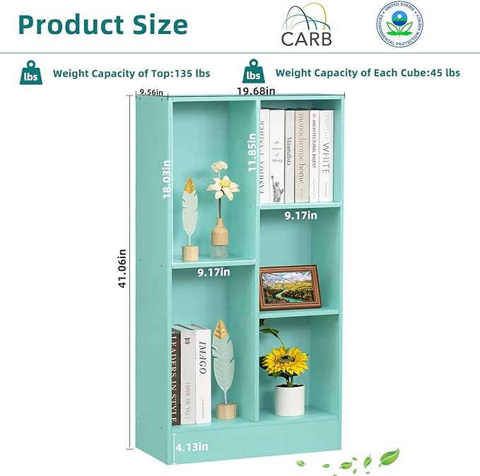LEYAOYAO 5 Cube Bookshelf with Base,3 Tier Modern Mint-Green Kids Bookcase,Standing Wide Bookshelves Storage Organizer Toy Shelf,Wood Display Children's Book Shelves for Bedroom,Living Room,Nursery - LeafyLoom