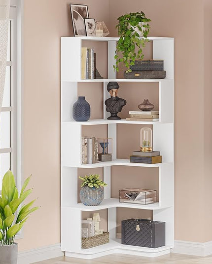 Corner Bookshelf, 64.9 Inch Tall Bookcase with Anti-Drop Panel, Modern Freestanding Corner Shelf Display Rack Storage Organizer for Home Office, Living Room, White - LeafyLoom