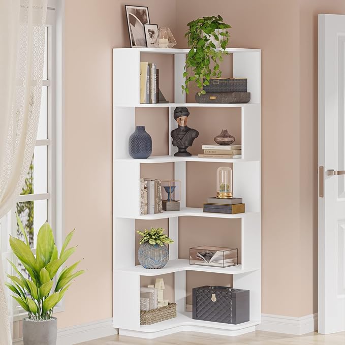 Corner Bookshelf, 64.9 Inch Tall Bookcase with Anti-Drop Panel, Modern Freestanding Corner Shelf Display Rack Storage Organizer for Home Office, Living Room, White - LeafyLoom