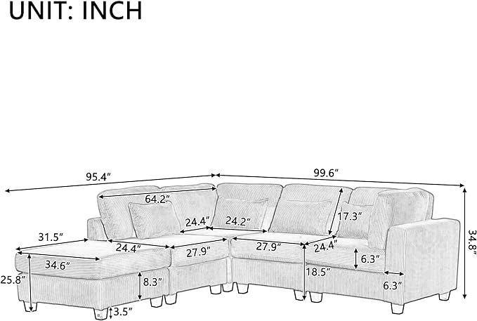 Removable comfortable Pieces Convertible Modular Sectional Movable Ottoman,Large L Shaped Corner Reversible Chaise and Waist Pillows, 5-Seat Oversized Cloud Sofas & Couches, Beige-C - LeafyLoom