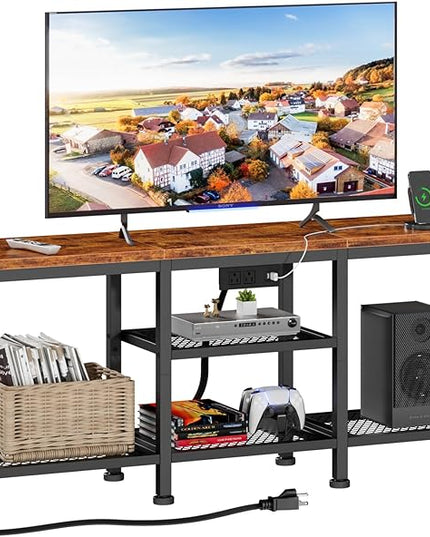 Furologee TV Stand with Power Outlets, Entertainment Center with Open Storage Shelves for TVs up to 55 Inch, TV Media Console Table with Soundbar Shelf for Living Room, Bedroom, Rustic Brown - LeafyLoom