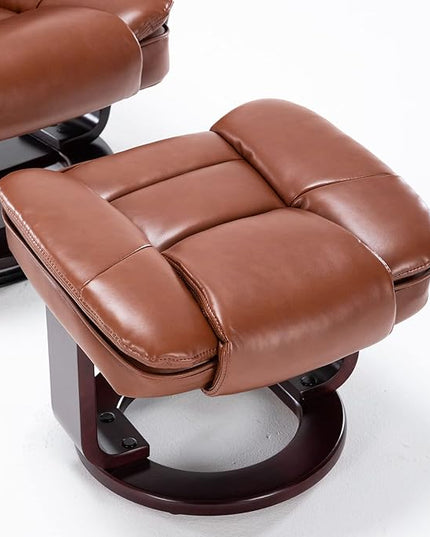 JC Home Swivel Ottoman Bonded Leather Recliner Chair and Foot Rest for Living Room, Home Theater, Man Cave, Bedroom-Round Mahogany Base-Modern, Contemporary Furniture, Extra Large, Tan - LeafyLoom