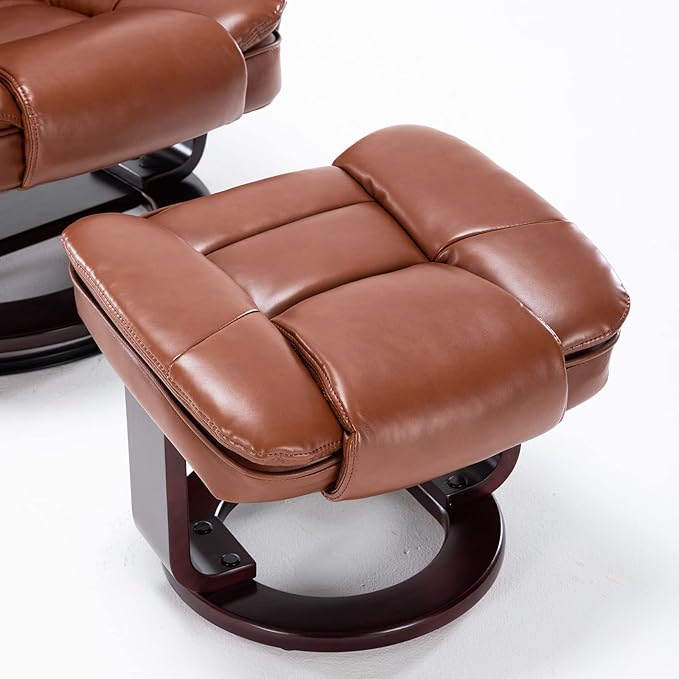 JC Home Swivel Ottoman Bonded Leather Recliner Chair and Foot Rest for Living Room, Home Theater, Man Cave, Bedroom-Round Mahogany Base-Modern, Contemporary Furniture, Extra Large, Tan - LeafyLoom