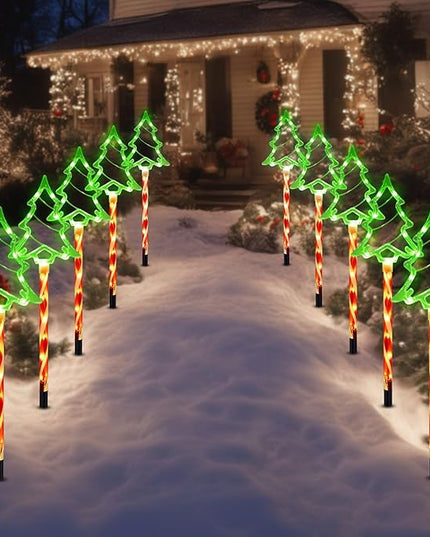 Solar Christmas Pathway Lights Outdoor Decorations, 8 Modes Xmas Tree Candy Lights Waterproof Led Garden Stake Lights for Walkway Yard Lawn Porch Holiday Decor 5-Pack (Red Green Xmas Tree Lights) BRIGHTDECK