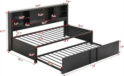 Metal Twin Size Daybed with Twin-Size Trundle, Storage Shelves and USB Ports, BookcaseMetal-Slats Support,No Box Spring Required,for Bedroom/Apartment/Guest-Room,Black - LeafyLoom