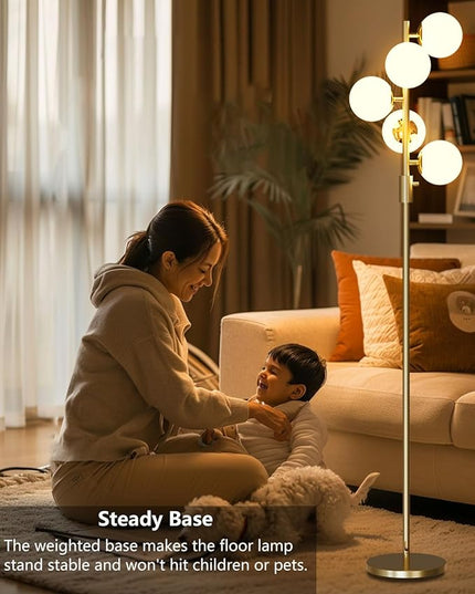 Lightdot Dimmable (Brightness Adjustable) Globe Floor Lamp, Gold Standing Lamps with 5PCS 3000K G9 Bulbs, Mid Century Modern Floor Lamp for Living Room Bedroom Office - LeafyLoom