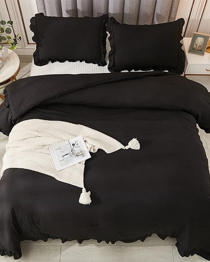 Andency Black Queen Comforter Set, 3 Pieces Farmhouse Shabby Chic Bedding Comforter & Sets for Queen Bed, Soft Lightweight Fluffy All Season Down Alternative Bed Set for Men Women - LeafyLoom