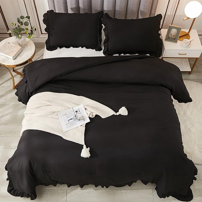 Andency Black Queen Comforter Set, 3 Pieces Farmhouse Shabby Chic Bedding Comforter & Sets for Queen Bed, Soft Lightweight Fluffy All Season Down Alternative Bed Set for Men Women - LeafyLoom