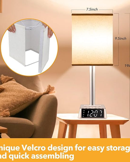 Table Lamp Bedside Lamp with 4 USB Ports and AC Power Outlets, Alarm Clock Base w/ 5Ft Extension Cord, Square Oatmeal Fabric Lampshade Modern Accent Nightstand Lamps for Bedrooms Living Room - LeafyLoom
