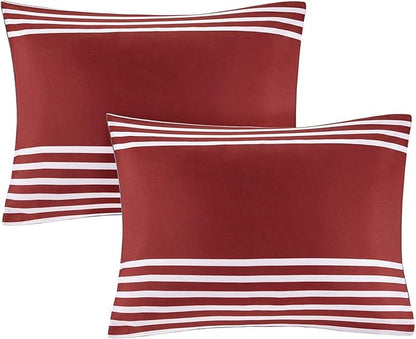 Comfort Spaces Comforter Sets with Sheets - Bed in a Bag 9 Pieces Teen Bedding Sets , Red and Grey Stripes Bedding Full, College Full Bed Set with 2 Side Pockets Bedroom Organizer - LeafyLoom