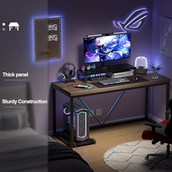 FOLUBAN Modern Computer Desk, Rustic Wood and Metal Writing Desk, Vintage PC Table for Home Office, Oak 55 inch - LeafyLoom