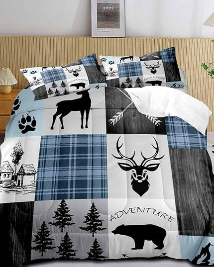 LUVIVIHOME 3PCS Rustic Deer Comforter Set King Size, Black Bear Elk Moose Woodland Forest Animals Wildlife Hunting Blue Plaid Patchwork Cabin Lodge Country Farmhouse Bedding Quilt, 2 Pillow Shams - LeafyLoom