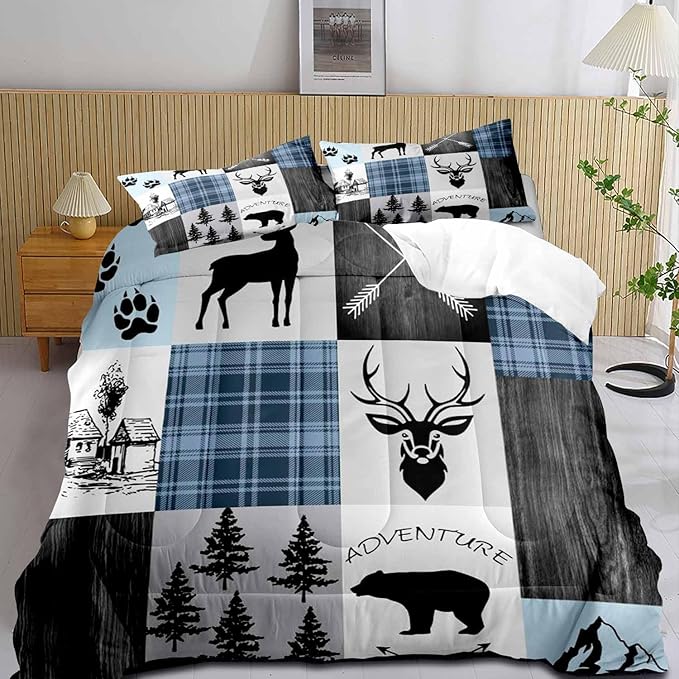 LUVIVIHOME 3PCS Rustic Deer Comforter Set King Size, Black Bear Elk Moose Woodland Forest Animals Wildlife Hunting Blue Plaid Patchwork Cabin Lodge Country Farmhouse Bedding Quilt, 2 Pillow Shams - LeafyLoom