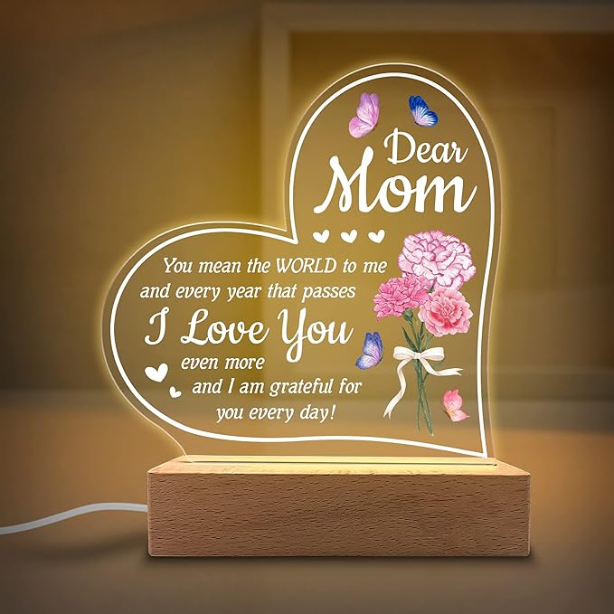 Acrylic Night Light Gift for Mother - You Mean The World to Me - Acrylic Light Gift for Mom from Son, Daughter on Mothers Day - Birthday Gifts to Mom - LeafyLoom