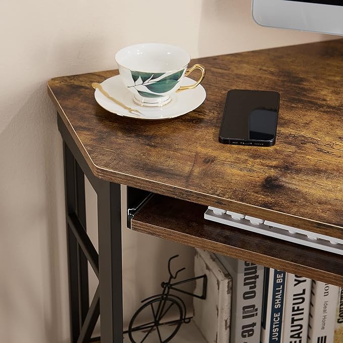 VECELO Corner Computer Desk 41 x 30 inches with Smooth Keyboard & Storage Shelves for Home Office Workstation, Antique Brown - LeafyLoom