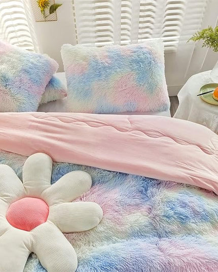 Faux Fur Kids Girls Sunshine Rainbow Comforter Sets Queen - 3PC Bed Set Warm Comfortable Soft Plush Flannel Velvet Fluffy Fuzzy Bedding（Comforter x 1 Pillowcases x 2） - LeafyLoom