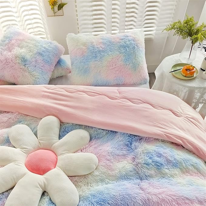 Faux Fur Kids Girls Sunshine Rainbow Comforter Sets Queen - 3PC Bed Set Warm Comfortable Soft Plush Flannel Velvet Fluffy Fuzzy Bedding（Comforter x 1 Pillowcases x 2） - LeafyLoom