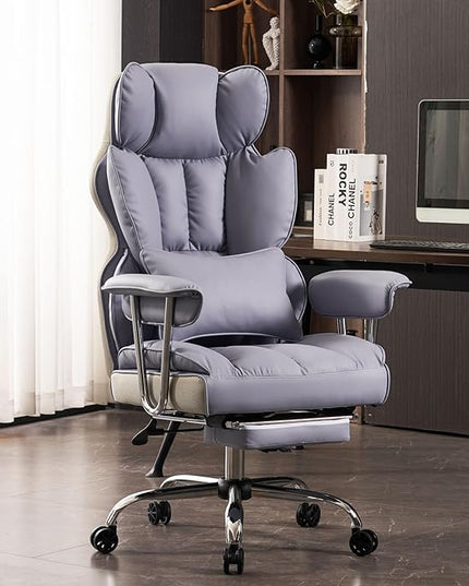 Desk Office Chair 400LBS,Big and Tall PU Leather Computer Chair,Executive Office Chair with Leg Rest and Lumbar Support, High Back Home Office Chair，Light Purple Office Chair - LeafyLoom