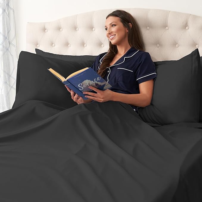 Northwest Ashford Home Essentials Bedding, 4 Piece King Size Sheet Set, Stretch Limo Black - LeafyLoom