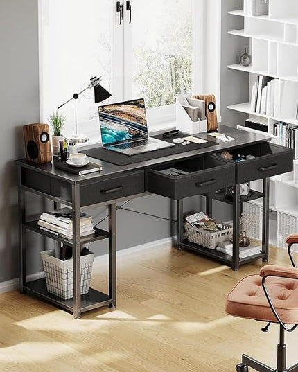 ODK Office Small Computer Desk: Home Table with Fabric Drawers & Storage Shelves, Modern Writing Desk, Black, 48"x16" - LeafyLoom