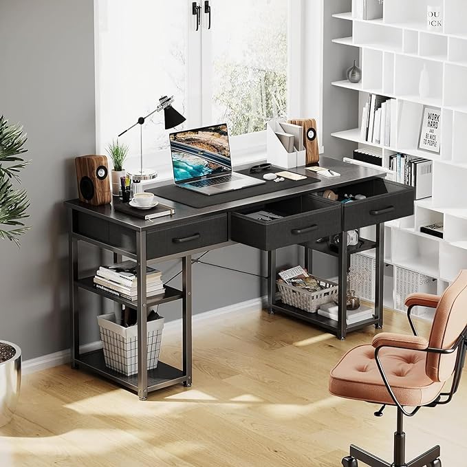 ODK Office Small Computer Desk: Home Table with Fabric Drawers & Storage Shelves, Modern Writing Desk, Black, 48"x16" - LeafyLoom