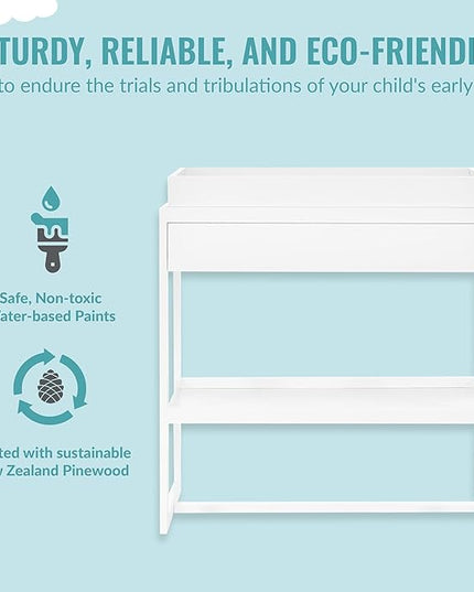 Arlo Changing Table in White, Made of Solid New Zealand Pinewood, Non-Toxic Finish, Comes with Water Resistant Mattress Pad & Safety Strap - LeafyLoom