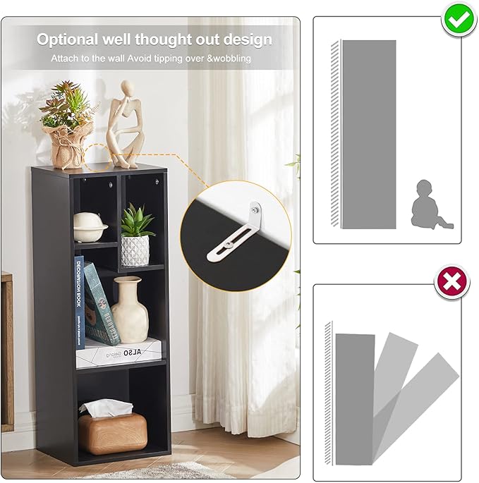 VECELO Small Bookshelf, 4 Cube Slim Bookcase, Fits Tallest Hardcovers, Horizontal Available, Modern Floor Standing Unit, Each Shelf Hold Up to 66 LBS, Matte Black - LeafyLoom