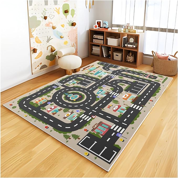 Analog ABC Kids Rug Playroom Car Rug Play Mat City Life Road Rug for Cars Fun City Map for Carpet for Bedroom Boys (63 * 94 inches, Evening City) - LeafyLoom