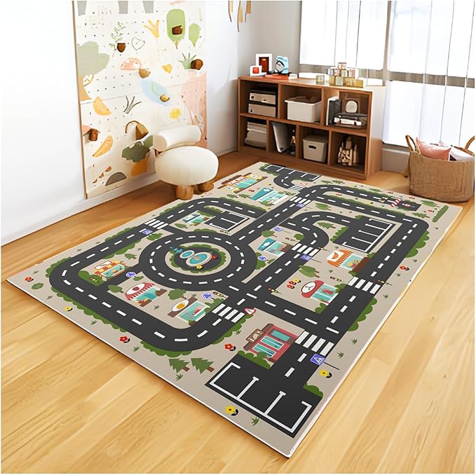 Analog ABC Kids Rug Playroom Car Rug Play Mat City Life Road Rug for Cars Fun City Map for Carpet for Bedroom Boys (47 * 70 inches, Evening City) - LeafyLoom