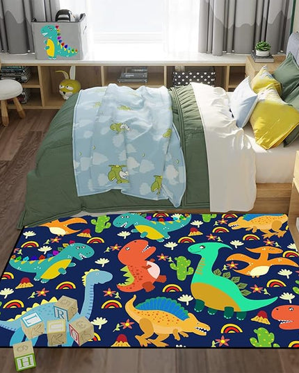 Dinosaur Carpet for Boys Room Dinosaurs Area Rugs Cute Dinosaur Cartoon Carpet Kids Rug Boys Room Rug for Kids Playroom Classroom and Livingroom,Blue 3'×5' - LeafyLoom