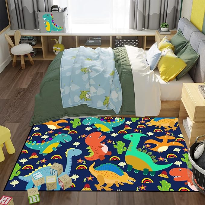 Dinosaur Carpet for Boys Room Dinosaurs Area Rugs Cute Dinosaur Cartoon Carpet Kids Rug Boys Room Rug for Kids Playroom Classroom and Livingroom,Blue 3'×5' - LeafyLoom