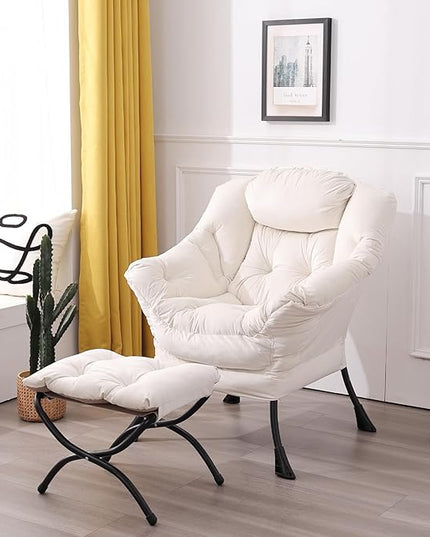 LITA Lazy Chair with Ottoman, Modern Accent Leisure Upholstered Sofa Chair, Contemporary Lounge Reading Chair with Armrests and a Side Pocket for Living Room, Bedroom & Small Space, Beige - LeafyLoom