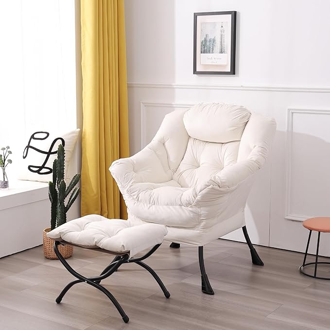 LITA Lazy Chair with Ottoman, Modern Accent Leisure Upholstered Sofa Chair, Contemporary Lounge Reading Chair with Armrests and a Side Pocket for Living Room, Bedroom & Small Space, Beige - LeafyLoom