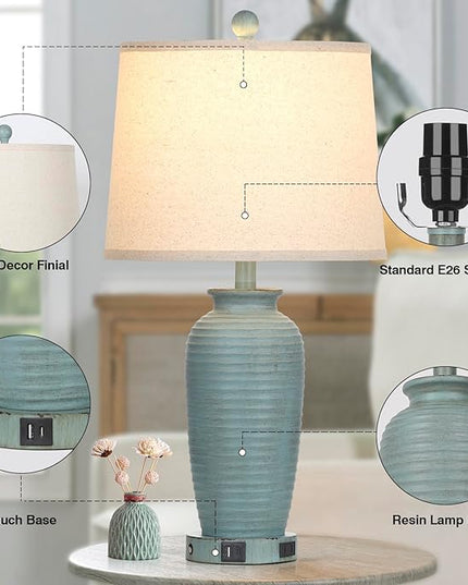25" Farmhouse Jar Table Lamps Set of 2, 3 Way Touch Control Rustic Bedside Lamps with USB A+C Ports & AC Outlet, Pot Nightstand Lamps for Bedroom Living Room (LED Bulbs Included) - LeafyLoom
