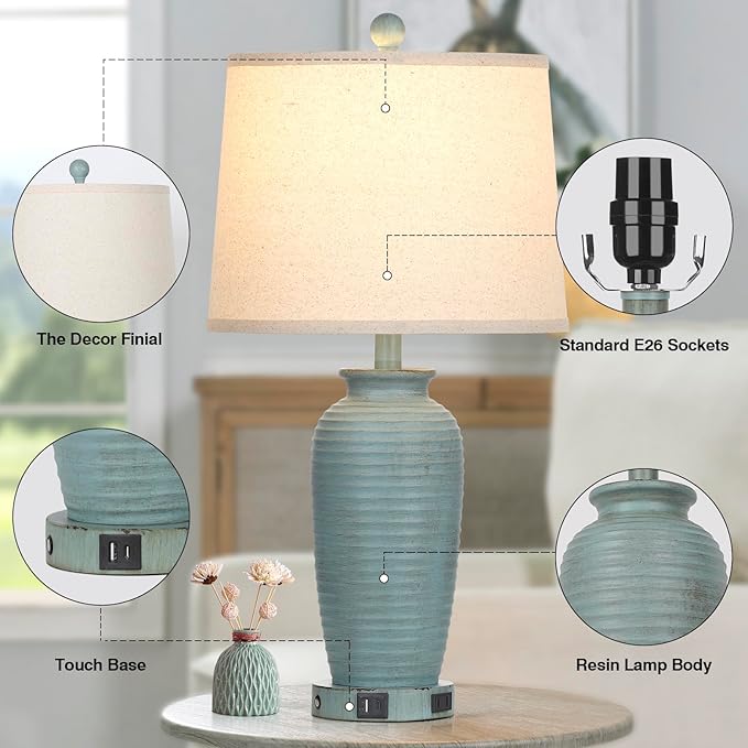 25" Farmhouse Jar Table Lamps Set of 2, 3 Way Touch Control Rustic Bedside Lamps with USB A+C Ports & AC Outlet, Pot Nightstand Lamps for Bedroom Living Room (LED Bulbs Included) - LeafyLoom