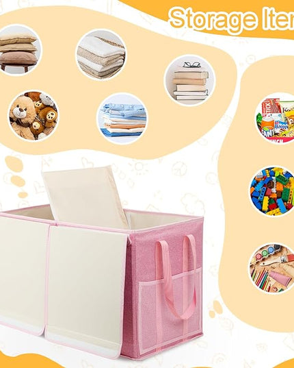 Large Toy Box for Boys Girls Toy Chest Kids Toy Storage Organizer Collapsible Toy Storage Bin Basket with Two Mesh Pockets for Nursery Playroom Bedroom Living Room Organization - LeafyLoom