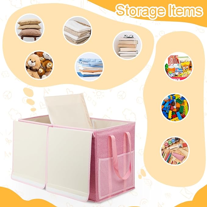 Large Toy Box for Boys Girls Toy Chest Kids Toy Storage Organizer Collapsible Toy Storage Bin Basket with Two Mesh Pockets for Nursery Playroom Bedroom Living Room Organization - LeafyLoom