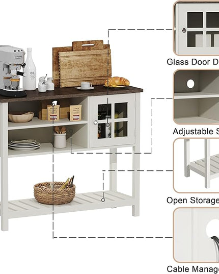ChooChoo Farmhouse Coffee Bar Cabinet, Buffet Cabinet with Storage, Sideboard Buffet Cabinet with Glass Door, Console Table for Kitchen, Hallway, Entrance, White - LeafyLoom