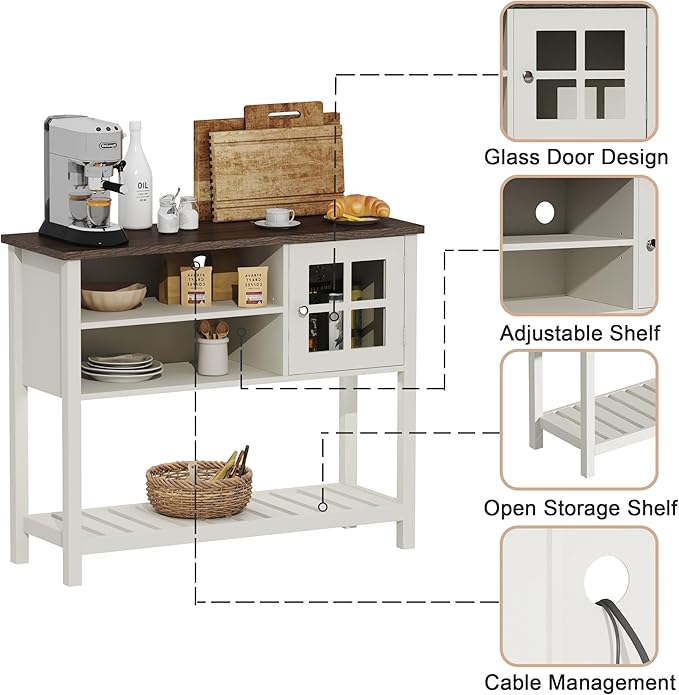 ChooChoo Farmhouse Coffee Bar Cabinet, Buffet Cabinet with Storage, Sideboard Buffet Cabinet with Glass Door, Console Table for Kitchen, Hallway, Entrance, White - LeafyLoom