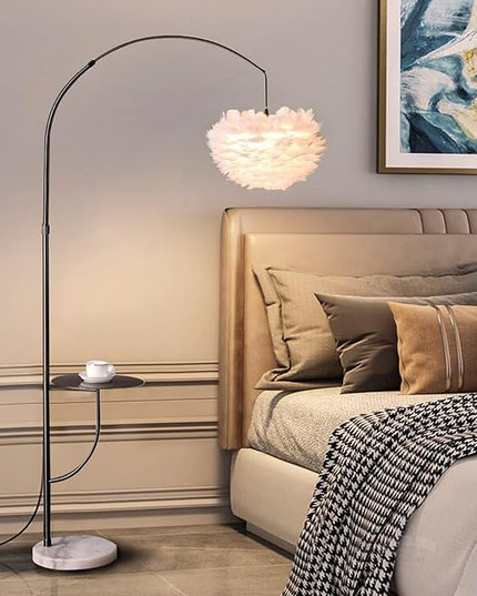White Feather Floor Lamp with Table, Great Floor Light Height Adjustable (Black) - LeafyLoom