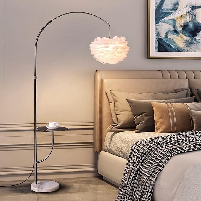 White Feather Floor Lamp with Table, Great Floor Light Height Adjustable (Black) - LeafyLoom