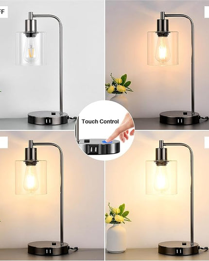 Industrial Touch Control Table Lamps Set of 2 - Black Nickel Bedside Lamps with 2 USB Ports & AC Outlet, 3-Way Dimmable Nightstand Desk Lamp for Bedroom Living Room, Glass Shade & 2 LED Bulbs Included - LeafyLoom