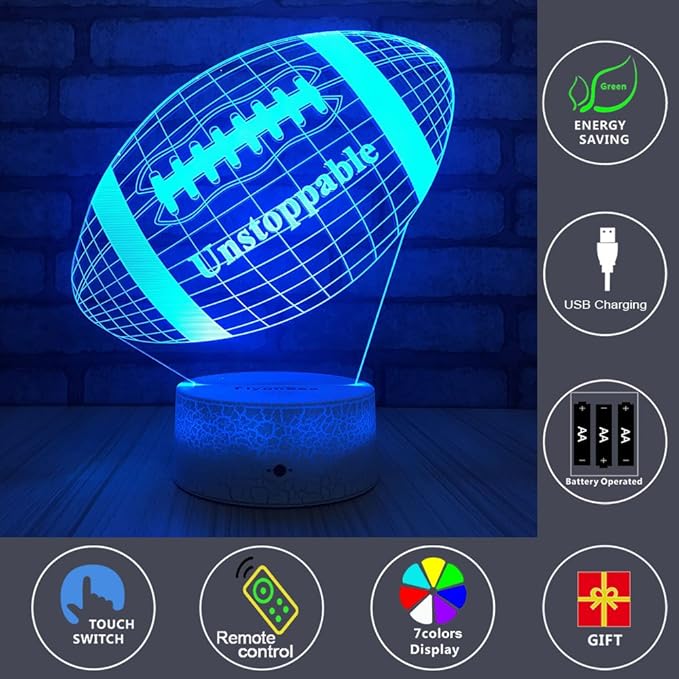 Football lamp, Rugby Ball Bedside Lamp 7 Colors Change + Remote Control with Timer Kids Night Light Optical Illusion Lamps for Kids Lamp As a Gift Ideas for Boys or Kids - LeafyLoom