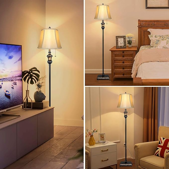 TOBUSA Traditional Floor Lamp, Classic Standing Lamp with Bronze Fabric Shade, Vintage Elegant Tall Pole Lamp for Living Room Bedroom Office Reading, Rustic Upright Floor Lights , Pull Chain Switch - LeafyLoom